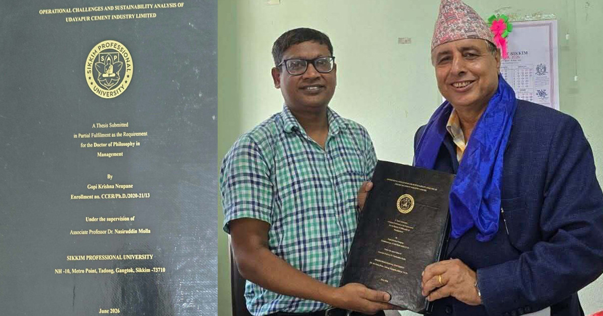 उदयपुर सिमेन्टको पुनरुत्थान र दिगोपनाबारे पूर्वमहाप्रबन्धक न्यौपानेको विद्यावारिधि